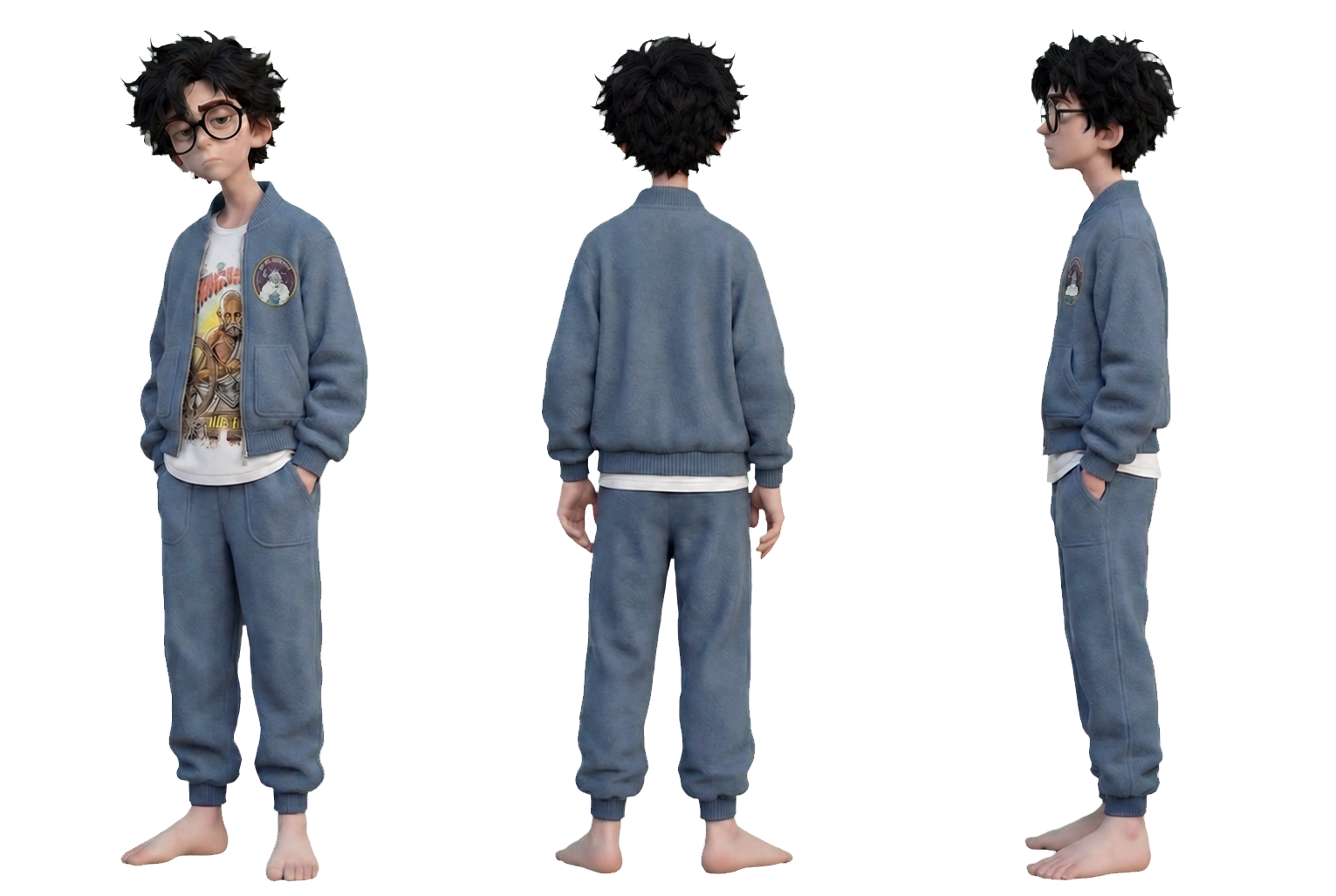 COSMONEETのキャラクター、アポの正面寄り・背面・側面を並べた三面図